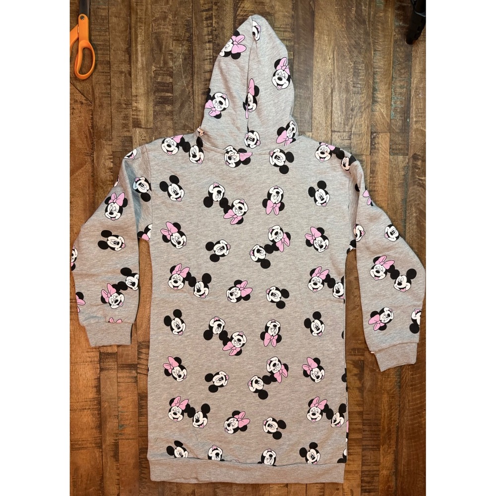 Disney Minnie Mouse Girls Hoodie Dress Gray All Over Print Size 14 Fleece